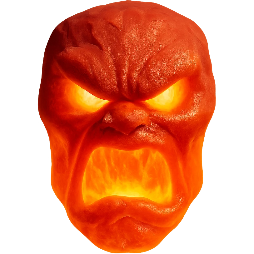 red, angry, plasma-like humanoid monster face, no horns, scary, glowing emoji