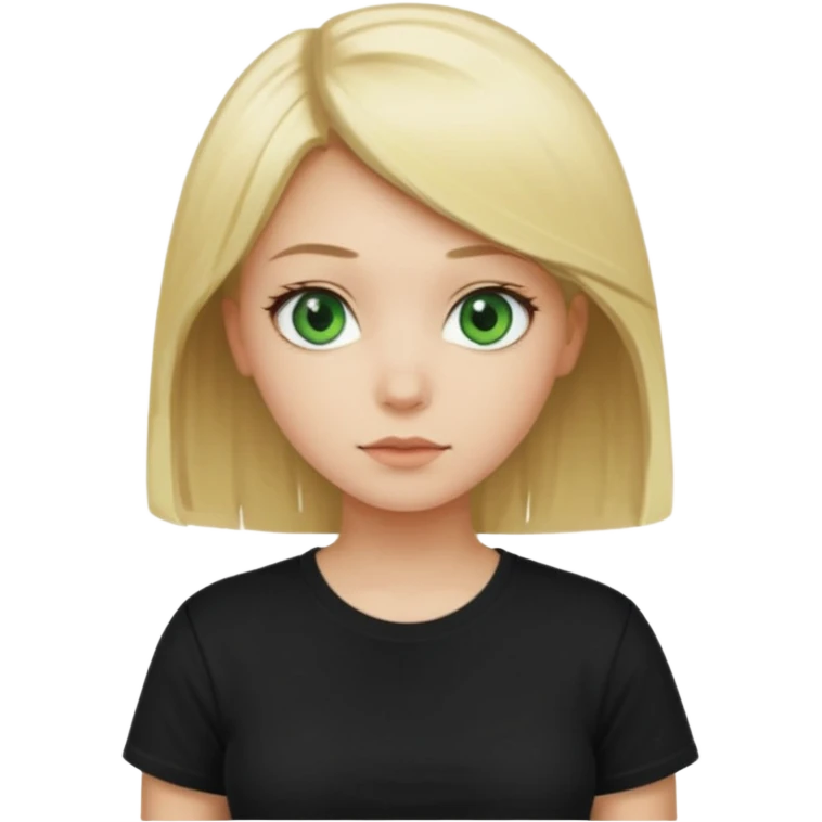 Girl with green eyes, blonde with an even hole with straight hair up to the waist in a black t-shirt emoji