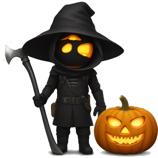 Human pumpkin hunter with a scythe, glowing pumpkin eyes inside a black helmet, Halloween theme, emoji" emoji