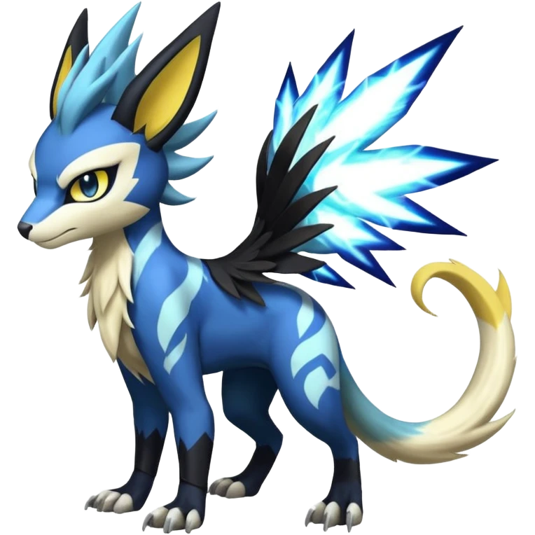 Feral Scaly Striking Slaying Badass Evil Handsome Lightning-patterned Zig-zagged buzzy fuzzy Meloetta-Renamon-Zeraora-Luxray-Cobalion-Absol-Vernid-fusion-hybrid-creature, full body  emoji