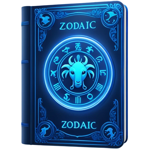 dark neon blue glass book, zodiac on the cover emoji
