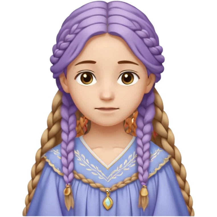Joven de unos 20 años, de aspecto dulce y elegante.
Piel clara, ojosy expresivos, sonrisa triste.
Rubio o castaño claro, largo, con trenzas o velo.
-Vestido largo de tonos suaves (blanco, azul o lavanda), con bordados dorados; un manto o toca fina cubriendo la cabeza. emoji