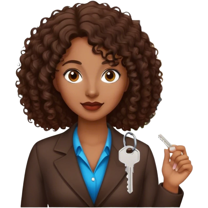 Dark brown lady with medium brown mid length curly hair in real estate job with house and keys emoji
