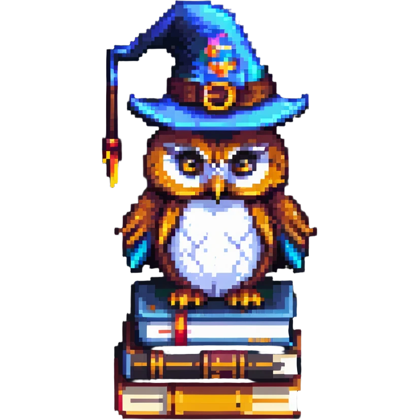 pixel art owl with a wizard hat, sitting on a stack of books emoji