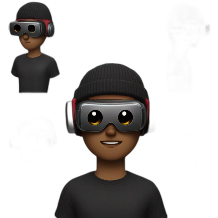A 19 year old white guy, in a beanie, wearing a VR headset, in a black outfit with dark red accents emoji