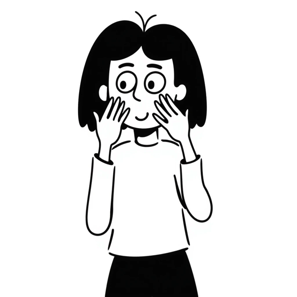 hand-drawn doodle of a person peeking through their fingers, looking scared, sketchy lines emoji