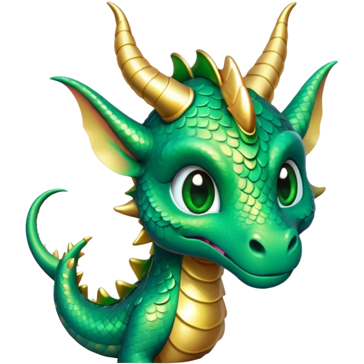 Cinematic Cute Dragon Portrait Emoji, Head tilted playfully and inquisitively, featuring a sleek, serpentine form adorned with iridescent scales that shift between emerald and gold, a delicate set of subtle horns, and round, sparkling eyes full of curious magic; rendered with realistic detail and warm natural light, high shine, affectionate and enchanting, styled with a touch of whimsical fantasy, soft glowing outline, capturing the essence of a mischievous yet lovable dragon that seems poised to slither playfully into your arms! emoji