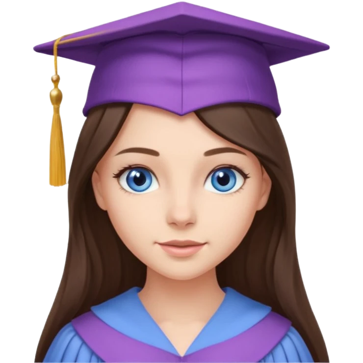 young brunette girl long hair, blue eyes and lilac gown and cap university graduate emoji