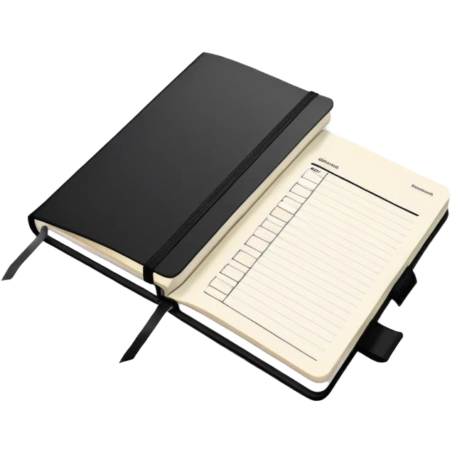 An elegant Moleskine notebook with elastic band, open to display a meeting agenda with items listed emoji