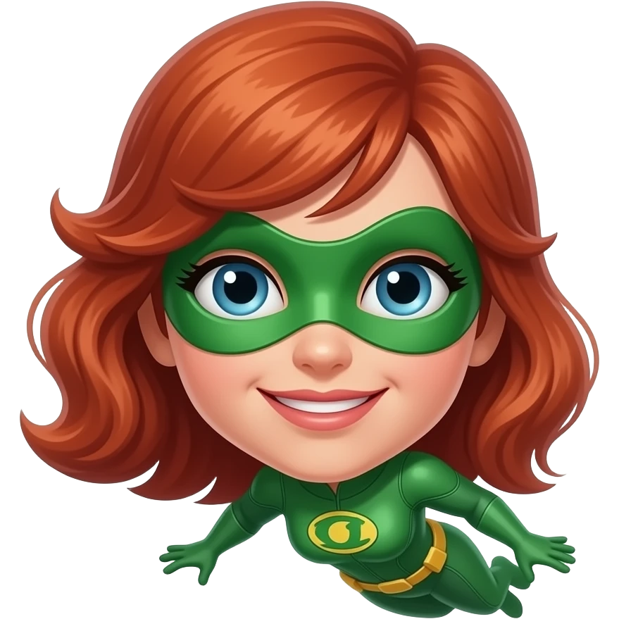 quiero que me hagas a una superheroina con el pelo pelirrojo mascara verde i con un traje verde que sea una niña volando emoji