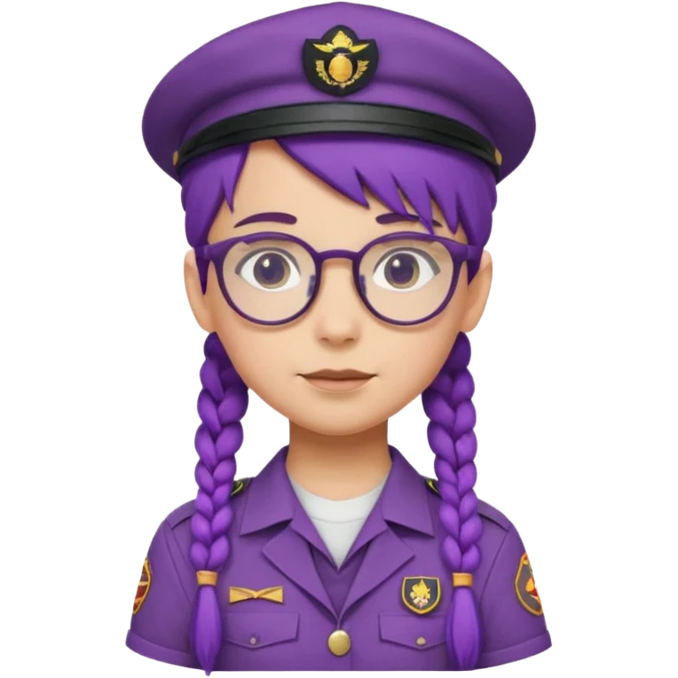 bşue uniform wearing scout kid with braids and glassess with hat purple haired emoji