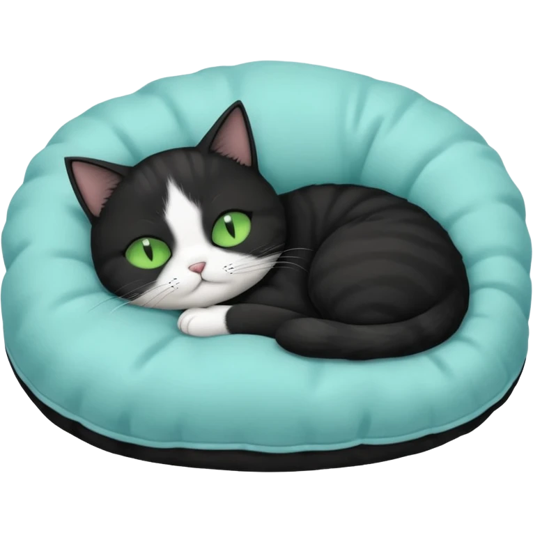 tuxedo short haired cat with green eyes sleeping in a lightblue pillow emoji
