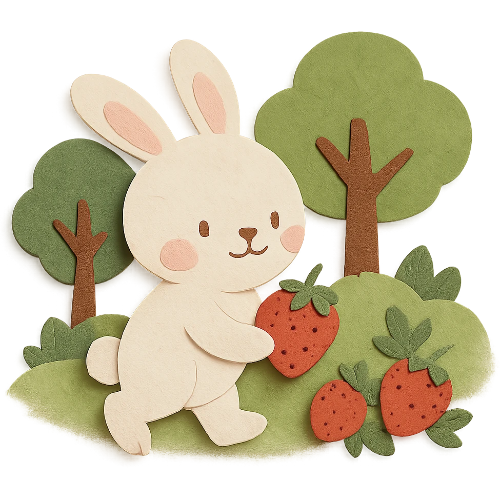 bunny picking strawberries in the woods, sweet pastel red, paper-craft style emoji
