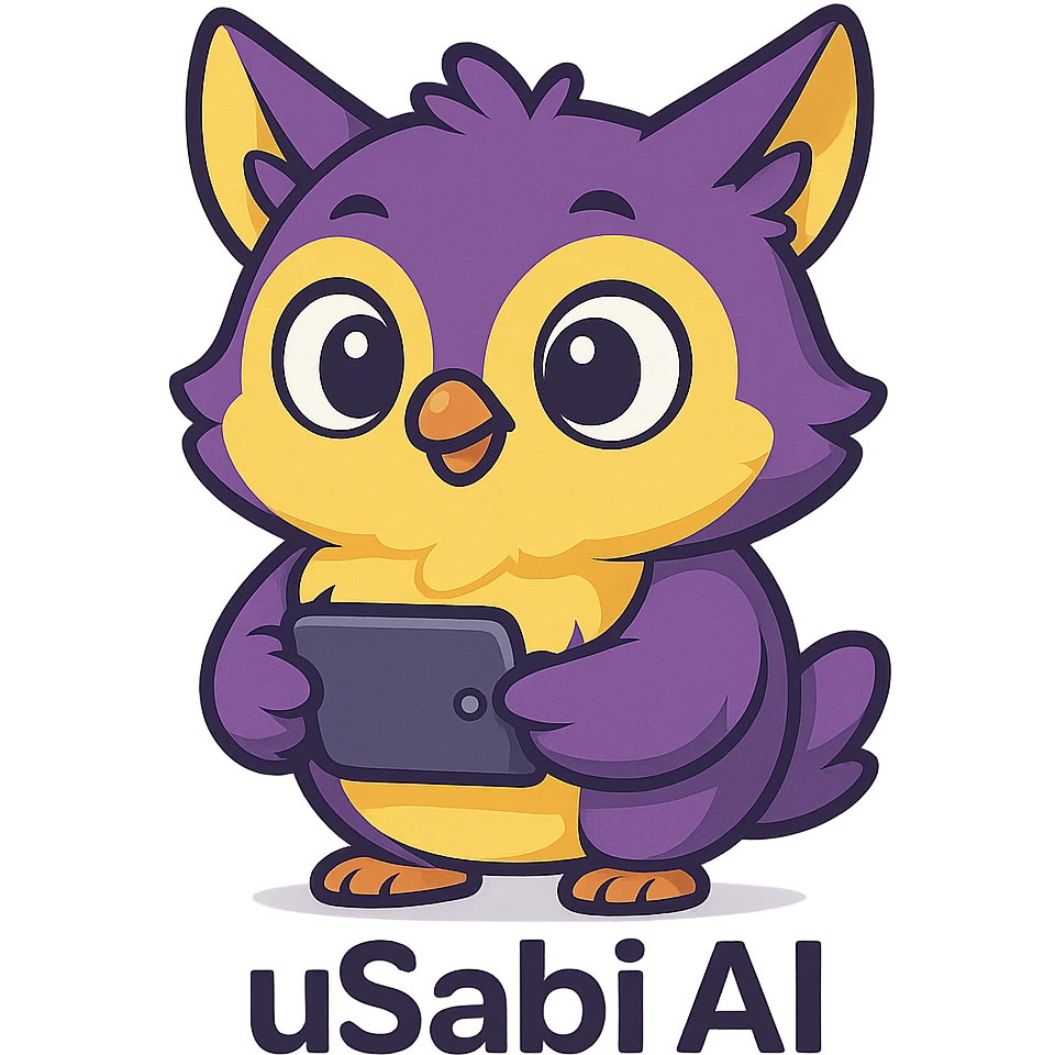 cute animal mascot like an owl or fox for 'uSabi AI', purple and yellow fur, holding a small gadget, modern friendly tech-inspired style emoji