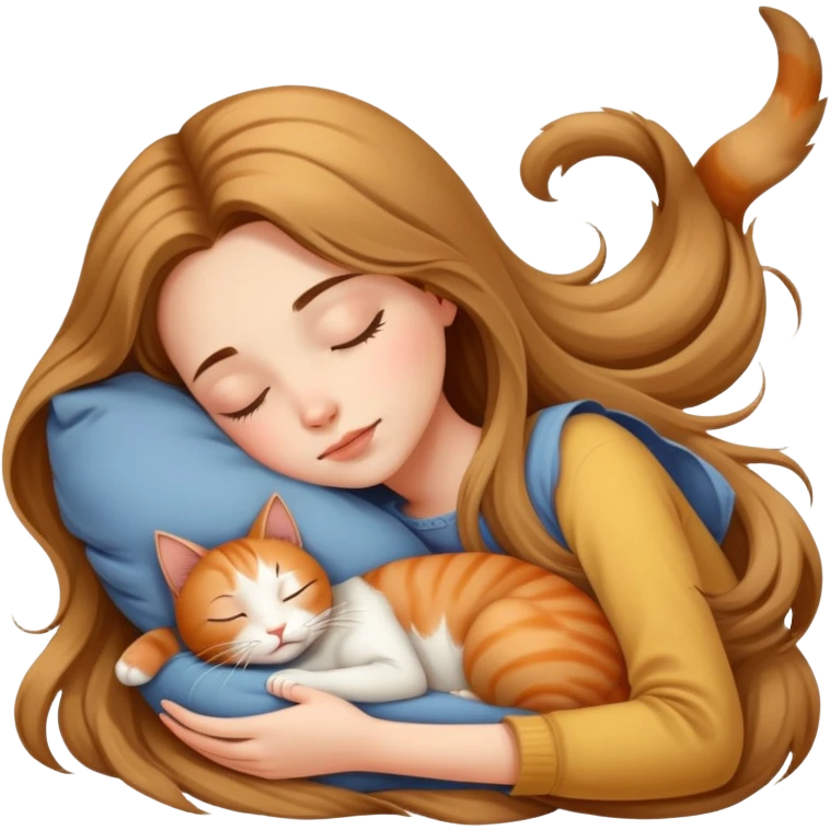 Generate a picture of a beautiful girl with long hair sleeping with a cat emoji