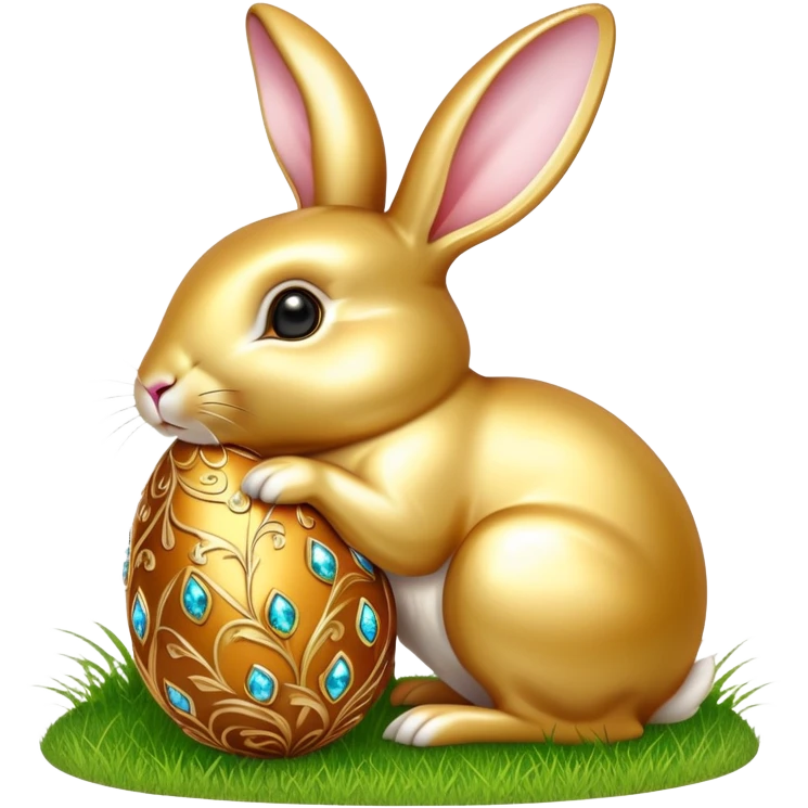 Golden and jewelled Easter egg with Elegant golden rabbit on grass emoji