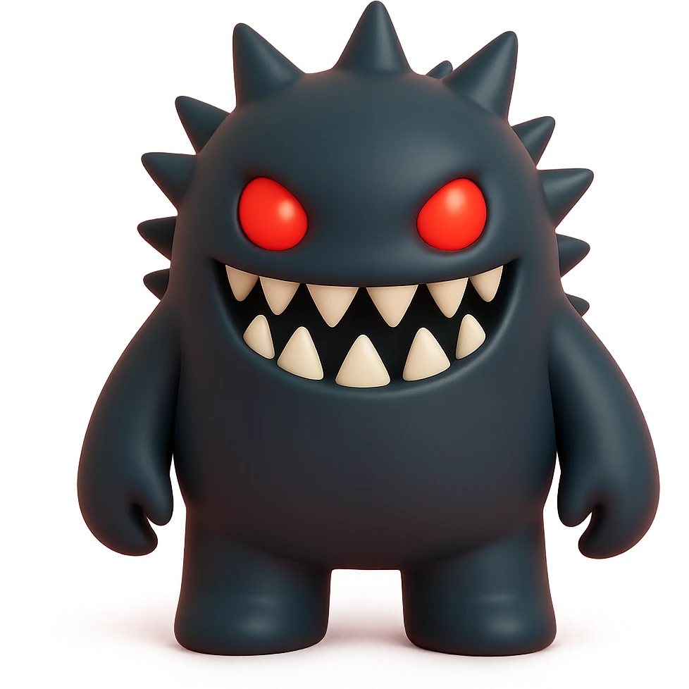 scary monster with sharp teeth, glowing red eyes, spiky body, dark color palette, toy-like vinyl figure style emoji