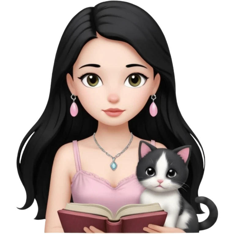 Menina branca ,cabelos cor preta longos, olhos cor preta puxados para cima. Cílios longos, lábios grossos ,nariz pequeno ,vestido rosa claro de alça. Colar e brinco delicado. Lendo um livro com gatinho preto e branco. emoji