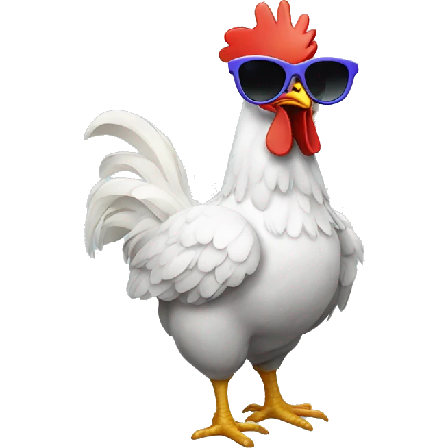A chicken with sunglasses and horns and with a rainbiw emoji