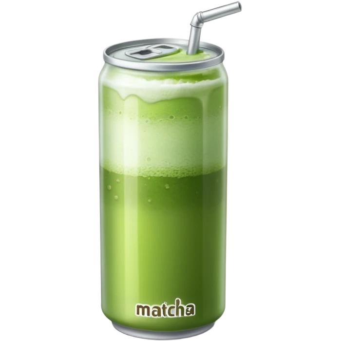 Create an emoji-style illustration of a tall, transparent can-shaped drink filled with iced matcha. The top is sealed with a silver metal pull-tab lid. The drink has a green matcha layer on top that gradually fades into a milky white layer at the bottom. The can is sleek and minimalist. emoji