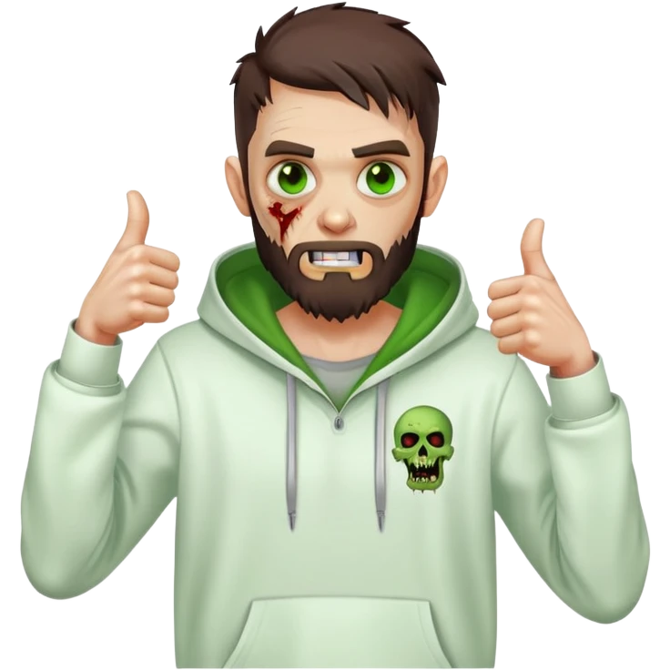 zombie with thumbs up gesture, undercut hairstyle with dark brown hair, short full beard, green eyes, wearing plain white hoodie emoji