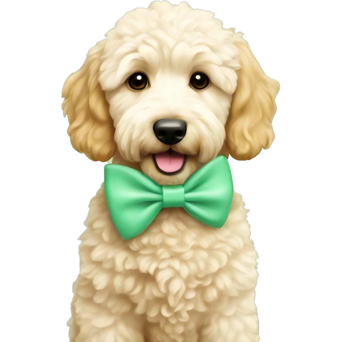 A beige mini golden doodle with blonde highlights wearing a red bow on her mint green collar emoji
