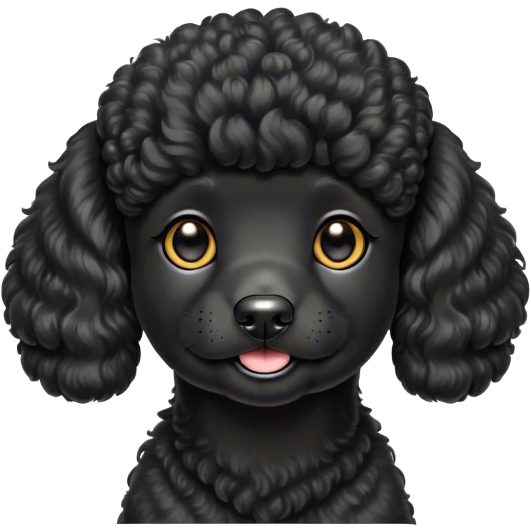 Cinematic Cute Black Poodle Portrait Emoji, Head tilted playfully and inquisitively, showcasing a bouncy, curly jet-black Fur with a striking sheen, round, sparkling dark eyes filled with curiosity, Simplified yet irresistibly adorable features, highly detailed, glowing with a warm, friendly glow, high shine, affectionate and lively, stylized with a touch of whimsy, bright and endearing, soft glowing outline, capturing the essence of a mischievous yet loving companion, so playful it feels like it could bounce out of the screen and into your arms! emoji