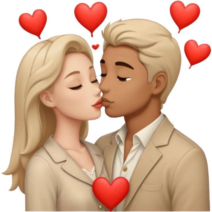 A man in pale beige clothes and a woman in pale beige clothes are kissing with white hearts emoji