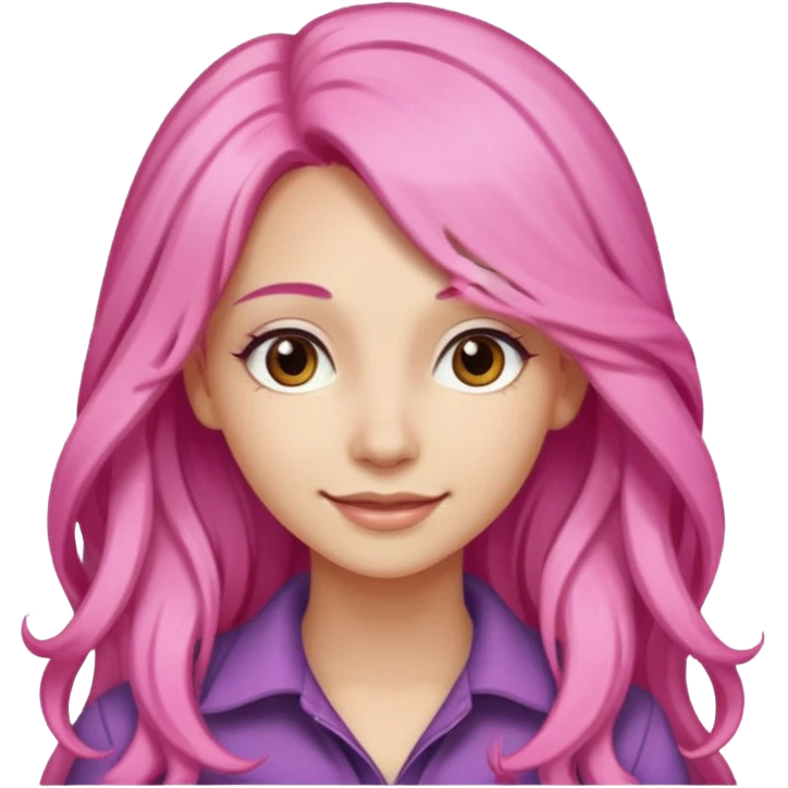 A light-skinned woman with long pink hair styled, brown eyes, and a gentle smile. emoji