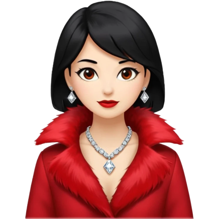 * Character: A stylish lady,black hair
* ﻿﻿Clothing: A luxurious red fur coat
* ﻿﻿Accessories: A dazzling diamond necklace
* ﻿﻿Expression: Confident, elegant, maybe slightly glamorous
* ﻿﻿Pose: Head slightly tilted or a poised posture
* ﻿﻿Style: Emoji-like, simple but expressive emoji