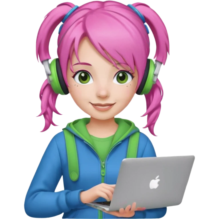 Create an emoji of a woman with pink hair tied into two pigtails. She is a game streamer, wearing green headphones, holding a MacBook, and dressed in a blue outfit. emoji