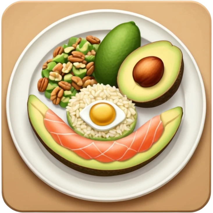 plato con comida variada granos aguacate rebanado salmon nueces arroz

 emoji