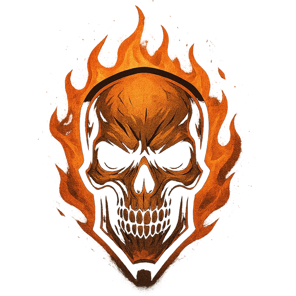 skull logo with fiery background, sharp lines, dark and scary appearance emoji