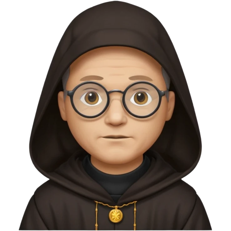 Monk priest prayer black habit with hood round black glasses done light brown wavy hair under hood remove the medallion smaller more round glassed age 46  emoji
