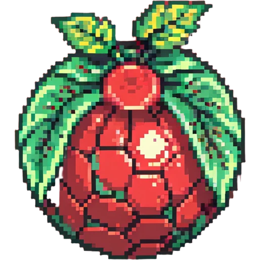Green digital bomb animation frame 1, round bomb body with green highlights, full-length leaf-shaped fuse at top, nature-inspired design, pixel art style emoji