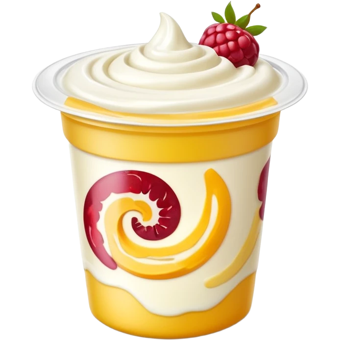 small yogurt cup with peeled-back foil lid, creamy yogurt with fruit swirls, no spoon or extras, soft lighting, subtle shadows, emoji scale emoji