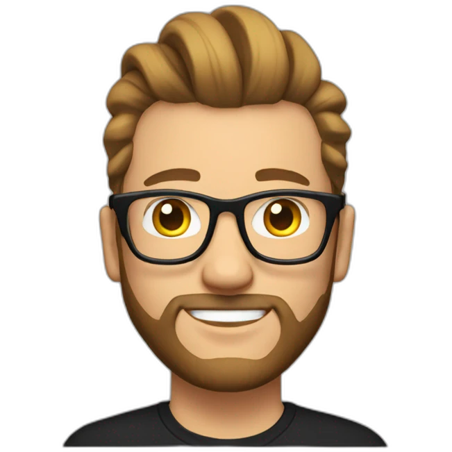 White Man with clear glasses brown hair and a black tshirt and a man bun and beard emoji