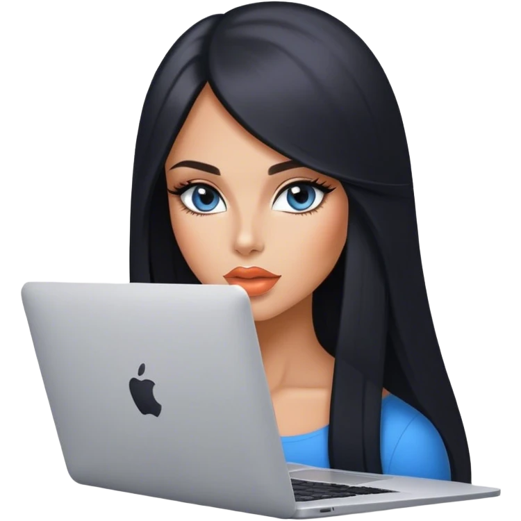 Glamours, tanned, very beautiful girl, with big pump peach lips, black straight smooth silky long hair, straight parting, blue-grey eyes with MacBook emoji