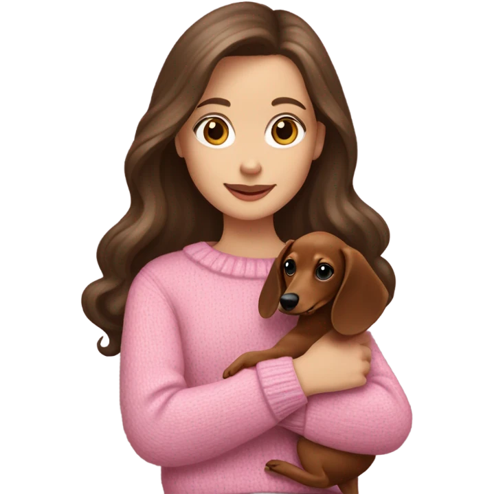 Brunette white girl with long hair in a pink sweater holds a dachshund long haired puppy in her arms emoji