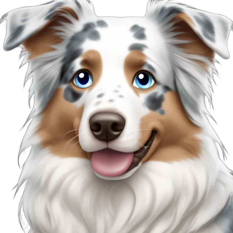 woman with blue eyes and long straight blonde hair and big boobs is holding a very fluffy blue eyes, blue merle australian shepherd  emoji