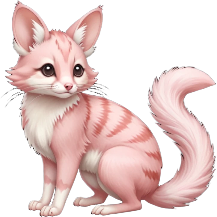 Pastel Pink, red-pointed, soft natural realistic romantic vintage antique divine beautiful elegant pretty precious cute young youthful  Fakémon-Pokémon-opossum-feline-mouse-serval-caracal-chinchilla-Minccino-Cinccino-Meowstic-rodent-hybrid-creature with a big fluffy bushy tail (full body) emoji