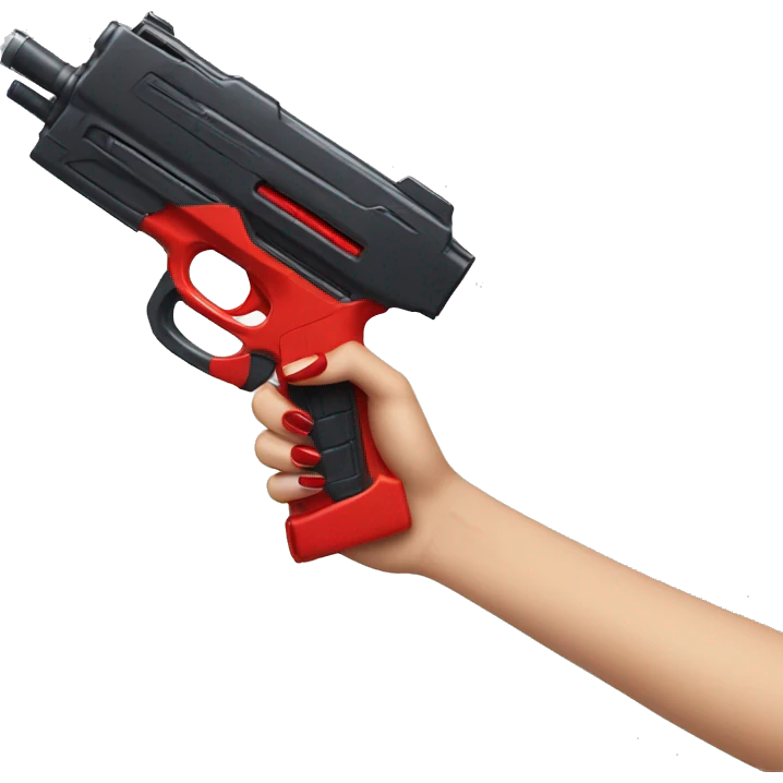 white hand with red nails holding large scary dark nerf gun emoji