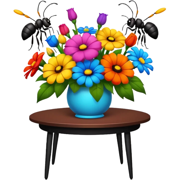 a table with a bouquet of flowers on top and an ant underneath emoji