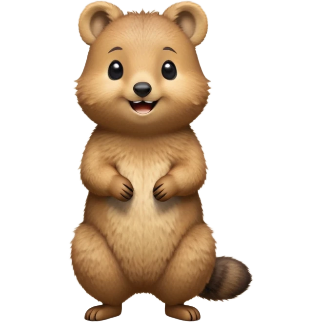 cinematic-quokka-realistic-full-body-standing on its hind legs hunched over-emoji,-small-round-frame-balanced-on-tiny-strong-hind-legs,giant fluffy cheeks large smile-fluffy-brown-fur-radiating-a-warm-softness,-big-round-eyes-filled-with-joy-and-innocence,-tiny-clawed-paws-held-close-to-chest,-cheerful-smile-exuding-endearing-happiness,-simplified-yet-realistic-focused-features,-highly-detailed,-glowing-with-a-sunny-warmth, skinny tail emoji