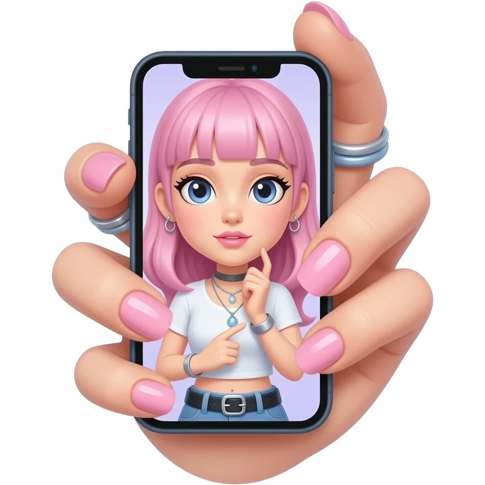 holding iphone with screen upwards: cute thin girl hand with pastel and pink modern y2k nails, rings, and accessories. emoji