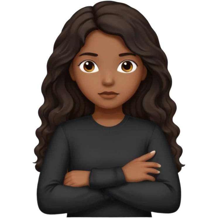 Hispanic girl dark long wavy hair crossing her arms with slight pout black long sleeve shirt emoji