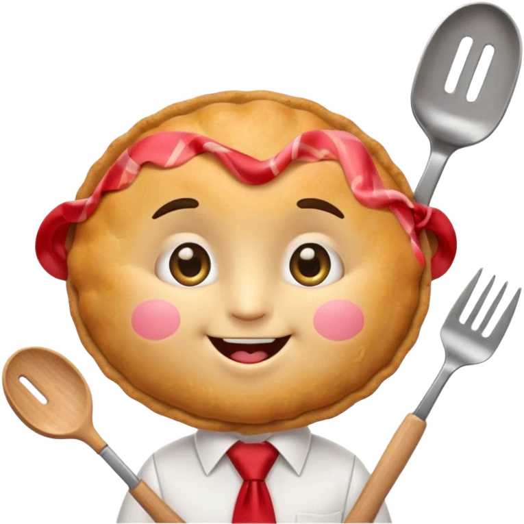 emoji style, happy fried empanada with face, big sparkling eyes, blushing cheeks, two buck teeth, red necktie, holding spatula, thick black outline, golden brown color, very cute and wholesome, transparent background emoji