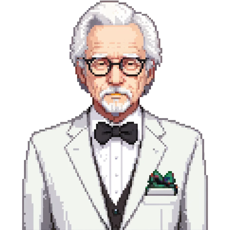 Colonel Sanders KFC, old man with white hair, white goatee, black bow tie, white suit, glasses emoji