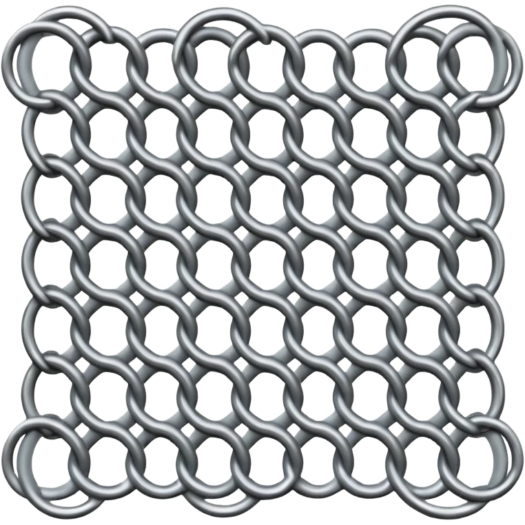 3D render of Screen Door Fragment, made of interlocking chainmail metal rings, wire mesh texture, visible holes and negative space, metallic silver and grey, high contrast shadows, emoji style, isolated on white background --v 6.0. emoji