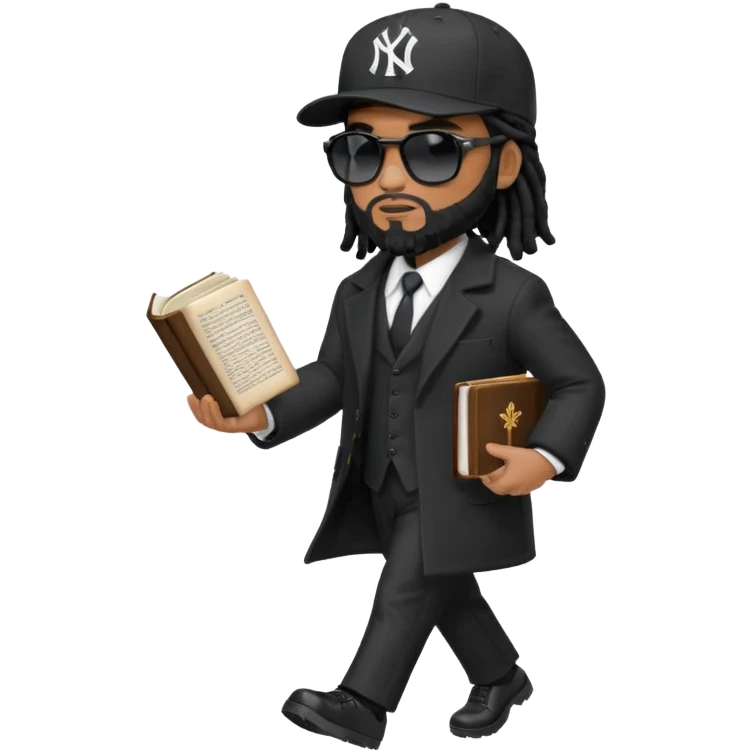 African American man with shoulder length black dreadlocks with black beard wearing black sunglasses wearing a black bubble winter coat wearing a black New York Yankees logo baseball cap wearing a suit and tie walking with a Bible in hand emoji